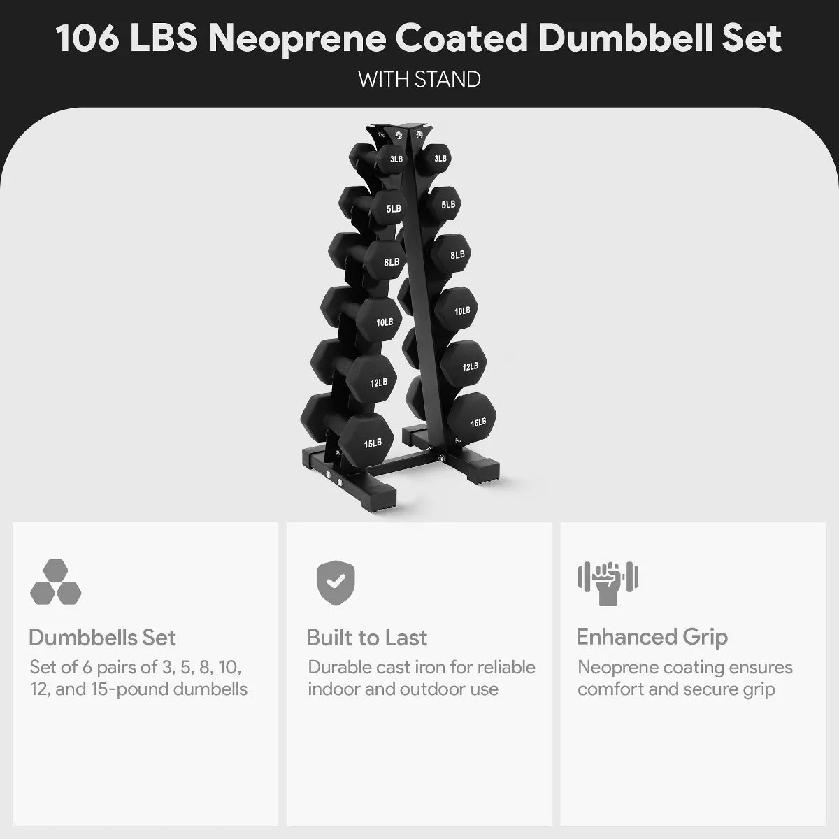 BalanceFrom Elite 110-Pound Neoprene Coated Cast Iron Dumbbell Set with Stand - 10 Pairs of Weights Ranging from 1 to 10 Pounds, Black