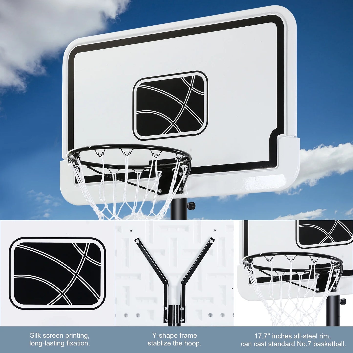 Adjustable 44-Inch Basketball Hoop with Height Range of 6.56 to 10 Feet - Durable and Portable Outdoor Basketball System for All Ages - White