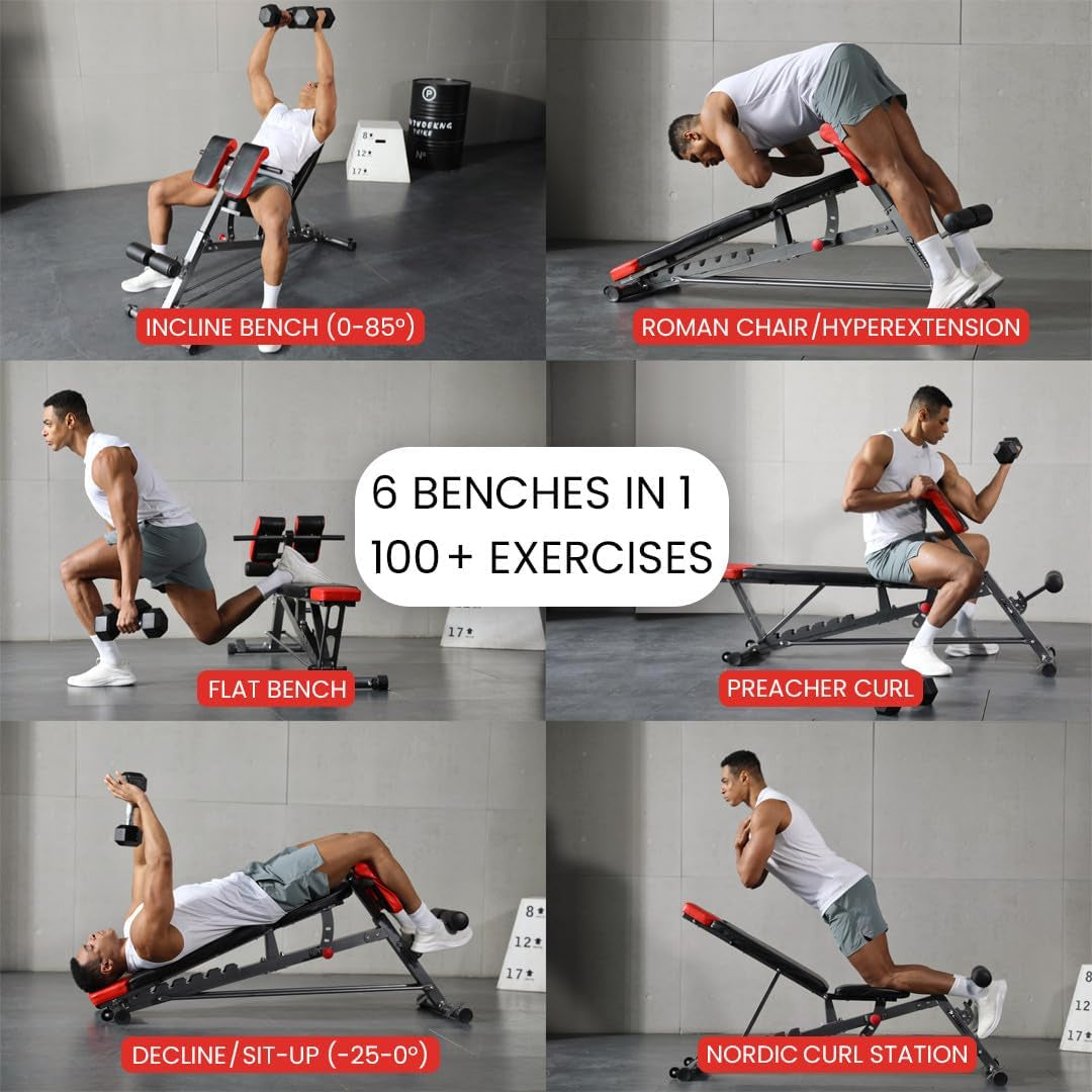 Multi-Functional FID Weight Bench for Comprehensive Full-Body Workouts – Hyper Back Extension, Roman Chair, Adjustable Ab Sit-Up Bench, Incline/Decline Bench, and Flat Bench
