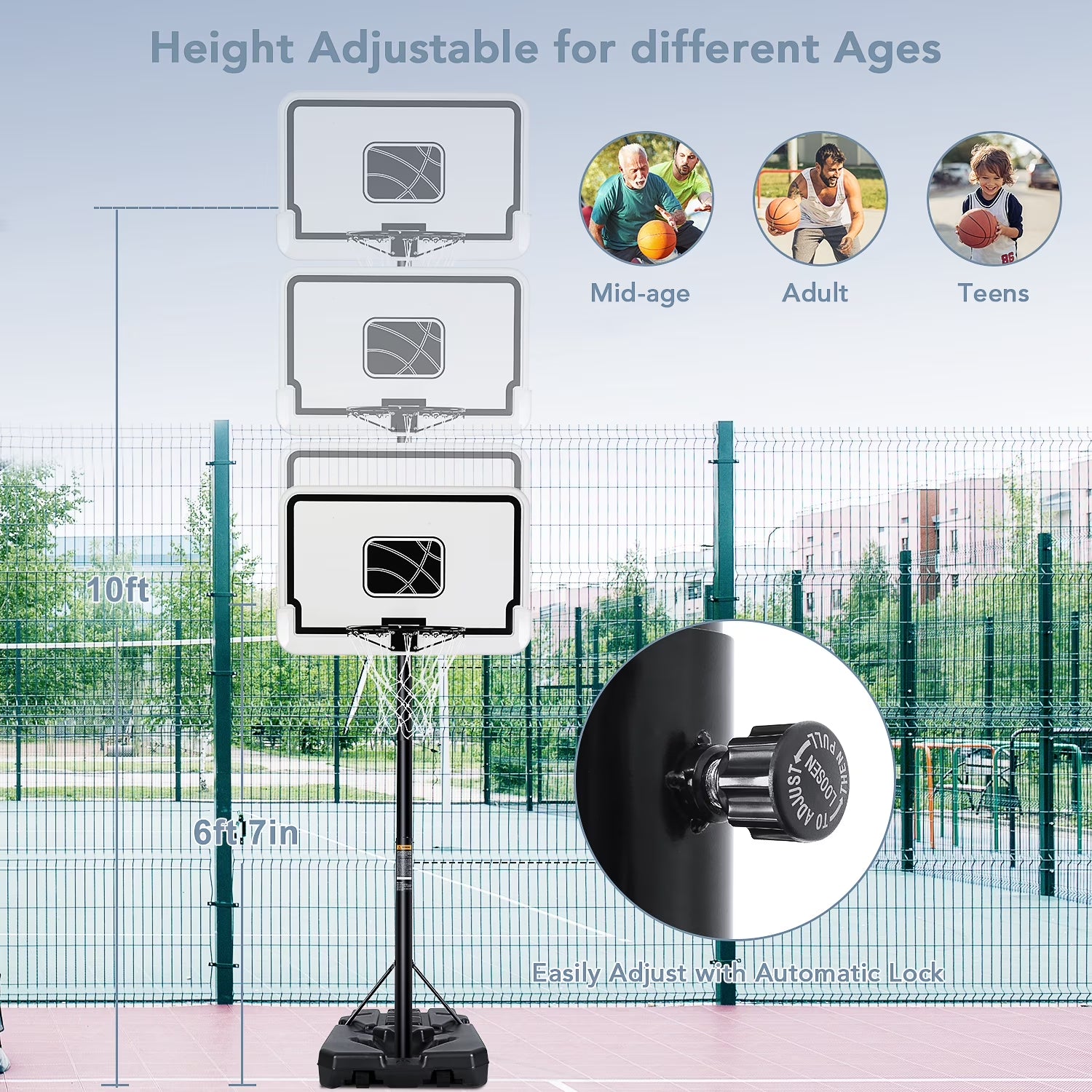 Adjustable 44-Inch Basketball Hoop with Height Range of 6.56 to 10 Feet - Durable and Portable Outdoor Basketball System for All Ages - White